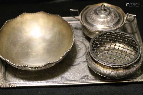 Set of 4 Pieces Persian Silver Bowl, Plate,&Bowl