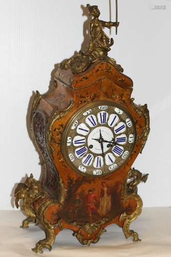 American Wood Clock with Bronze Figure Top