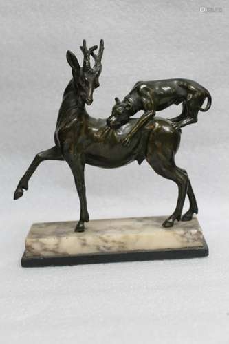 European Bronze of Wolf Hunting Deer, w/ Marble