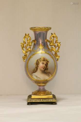 Royal Vienna Porcelain Vase w/ Bronze Base