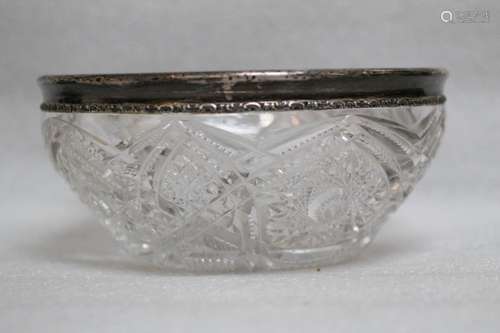 19th C. Cut Glass Bowl w/ Silver Rim