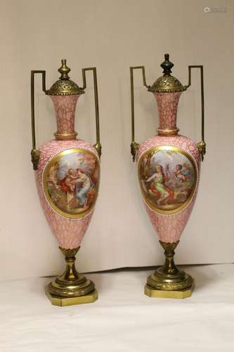 Pair of Porcelain Urn w/ Gilt Bronze Cover & Base