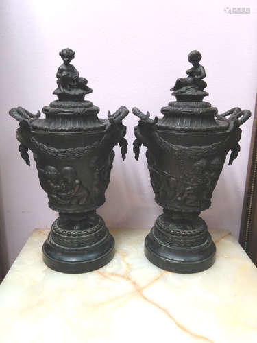 Pair of European Bronze Vase w/ Beast Handle