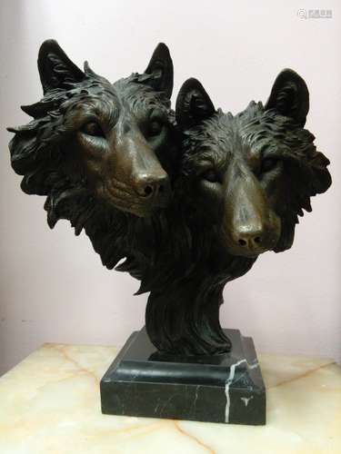 European Bronze of Two Wolf Heads, Marked