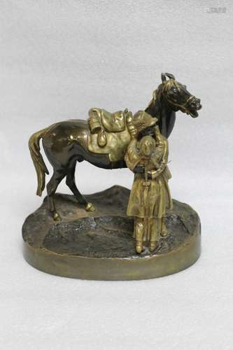 Russian Bronze of a Man & Horse, Marked