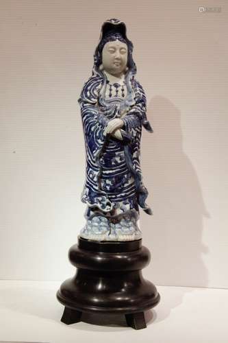 Chinese Blue/White Porcelain Guanyin w/ Stand