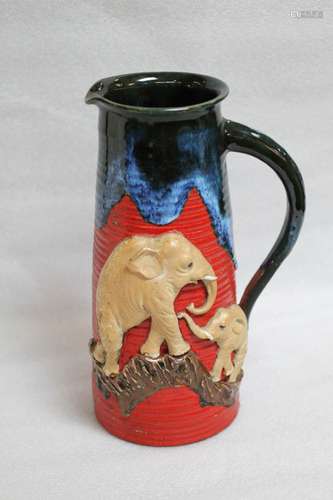 Large Japanese Sumida Pitcher, w/ 2 Elephant Deco