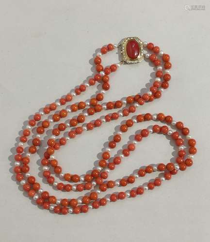 Italian Coral Beads Necklace, 14K Gold