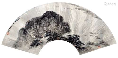 Chinese Ink Color Landscape Fan Painting