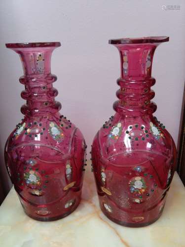 Pair of Bohemian Pink Glass Vases