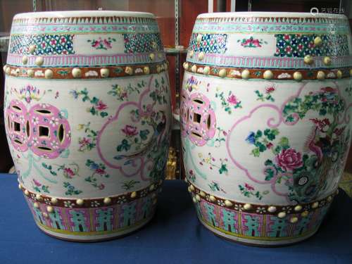 Pair Chinese famille rose porcelain garden seats.