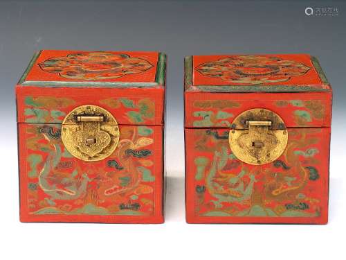 Pair Chinese polychrome wood jewelry boxes