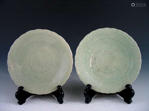 Pair Chinese celadon porcelain dishes, marked.