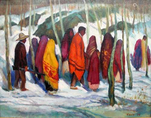 Taos Winter, oil on canvas, by Qian Shi-Gang (1952 -