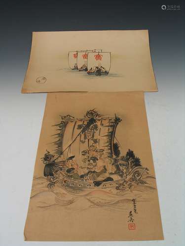 Japanese wood block print and water color painting on