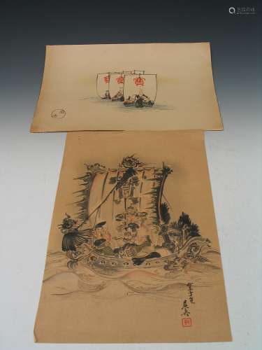 Japanese wood block print and water color painting on