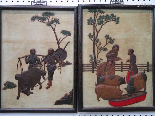 Pair Chinese carved lacquer panels.