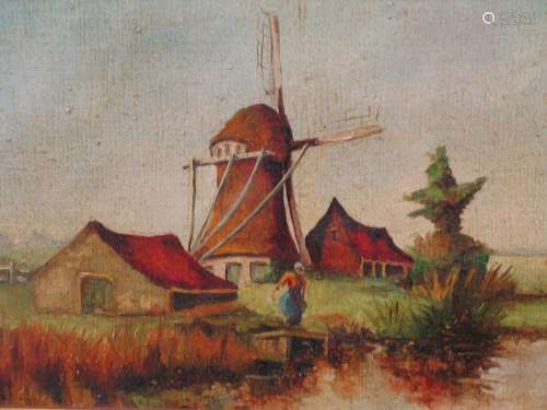 Windmill on the river bank, oil on canvas, signed.