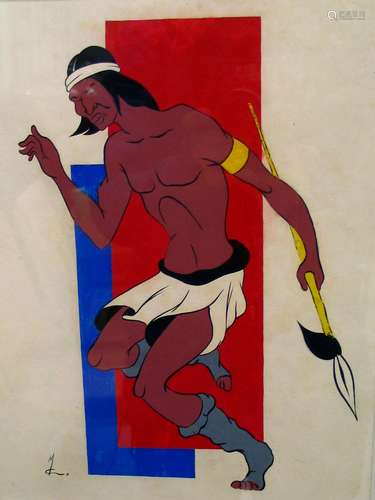 Dancing Indian, Gouache on board, silver leafed framed,