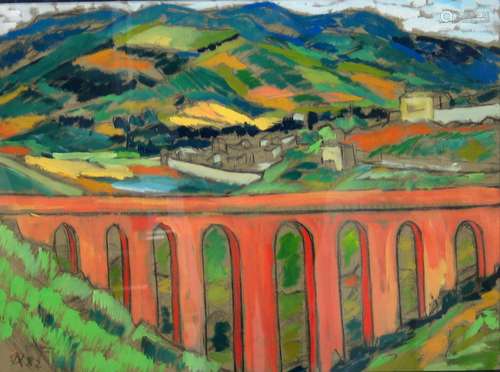 Expansive European Landscape with Viaduct Pastel on