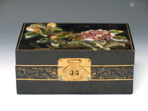 Chinese black lacquer and soapstone inlaid  jewelry box