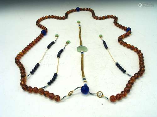 Chinese amber and jadeite court necklace
