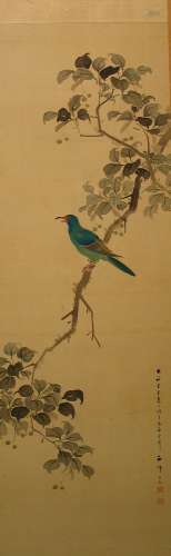 Japanese water color painting on silk of bird standing