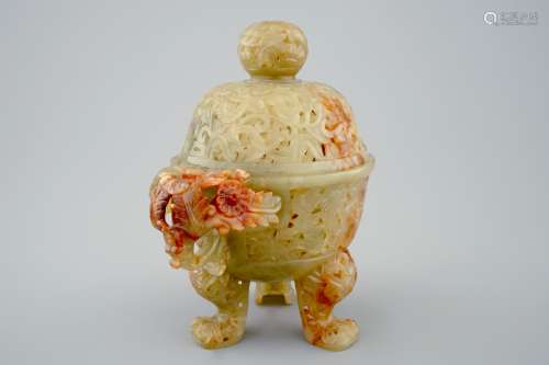 A Chinese yellowish-green jade censer with cover, 19th C.