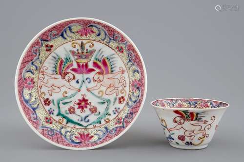 A Chinese famille rose cup and saucer with winged putti, Yongzheng/Qianlong, 18th C.