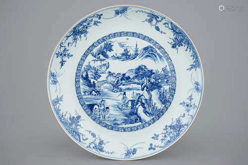 A very fine Chinese blue and white landscape dish, Yongzheng/Qianlong