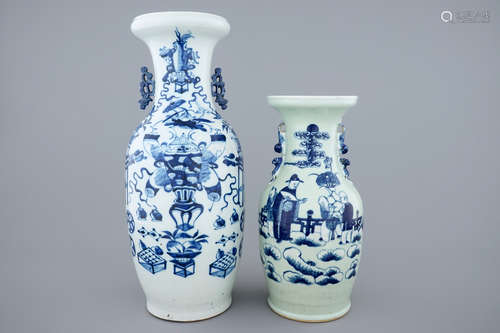 Two Chinese blue and white on celadon ground porcelain vases, 19th C.