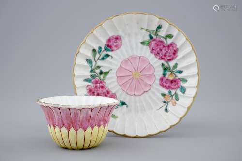 A Chinese famille rose lotus-shaped cup and saucer, Yongzheng, 1723-1735