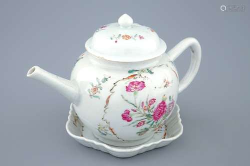 A Chinese famille rose teapot and cover on stand, Qianlong, 18th C.