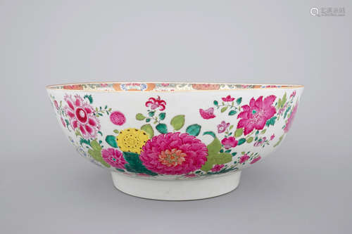 A massive Chinese famille rose export porcelain bowl with flowers, Qianlong, 18th C.