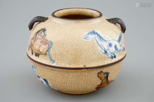 A globular Chinese vase with horses on a crackled brown ground, 18/19th C.