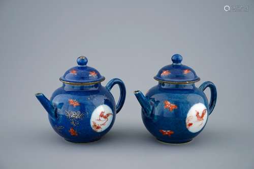 A pair of small Chinese powder blue teapots with roosters, Kangxi