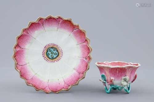 A Chinese famille rose lotus-shaped cup and saucer, Yongzheng, 1723-1735