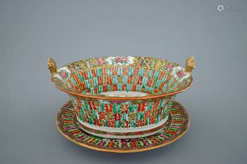 A Chinese Canton rose medallion pierced basket on stand, 19th C.