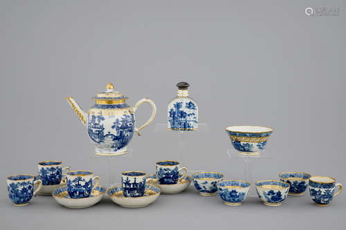 A Chinese blue, white and gilt part tea service with landscapes, Qianlong, 18th C.