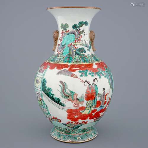 A large Chinese famille verte vase with a continuous scene and elephant handles, 19th C.