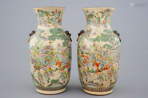 A fine pair of Chinese famille verte crackle glaze vases, Nanking, 19th C.