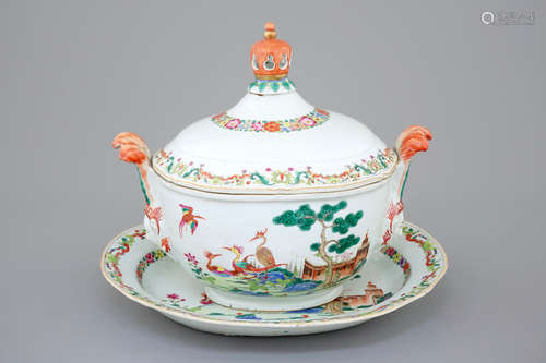 A Chinese famille rose export tureen and cover on stand, 18th C.