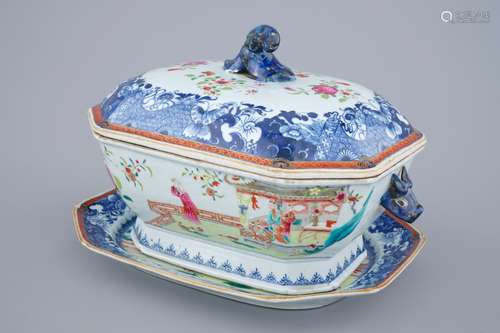 A Chinese octagonal famille rose tureen on stand, Qianlong, 1st half 18th C.