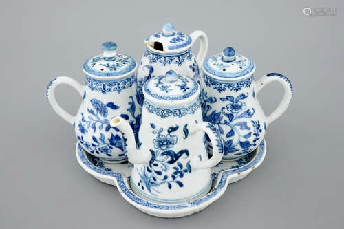 A rare Chinese blue and white export porcelain cruet set on stand, 18th C.