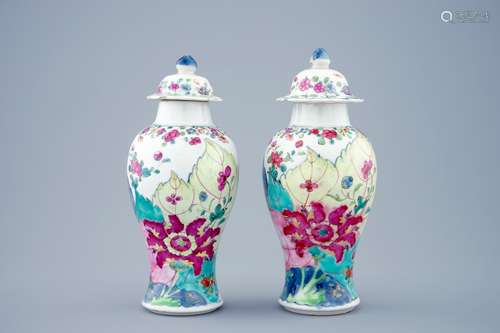 A pair of Chinese famille rose vases with “tobacco leaf” design, Qianlong, 18th C.