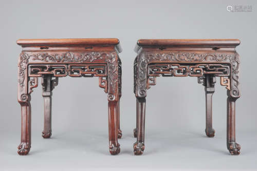 Two Chinese carved hongmu wood marble top vase stands, 19th C.