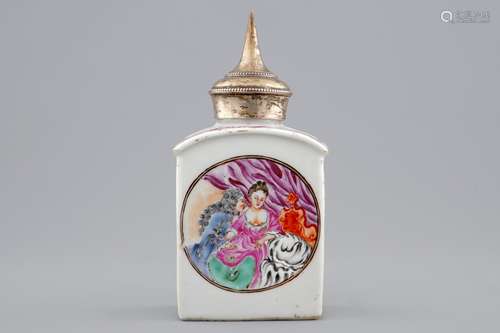 A Chinese famille rose erotical subject tea caddy with a prostitute, Qianlong, 18th C.