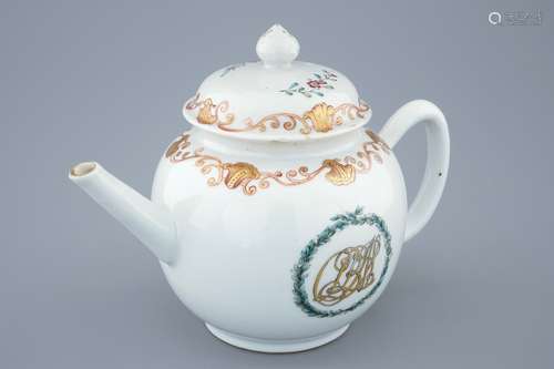 A Chinese export porcelain monogrammed teapot and cover, Qianlong, 18th C.