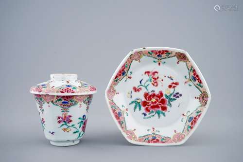 A Chinese famille rose hexagonal covered cup and saucer, Qianlong, 18th C.