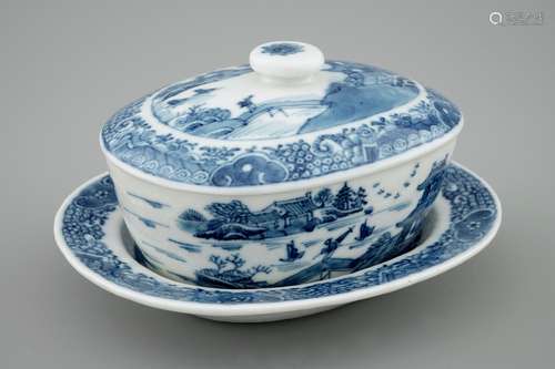 A Chinese blue and white butter tub on stand, Qianlong, 18th C.